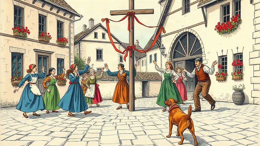 An illustration of happy villagers in colorful period clothing dancing around a decorated pole in a sunny cobblestone village