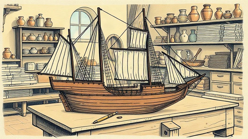 An intricately detailed, partially constructed wooden ship model on a light brown wooden workbench in a cozy workshop.