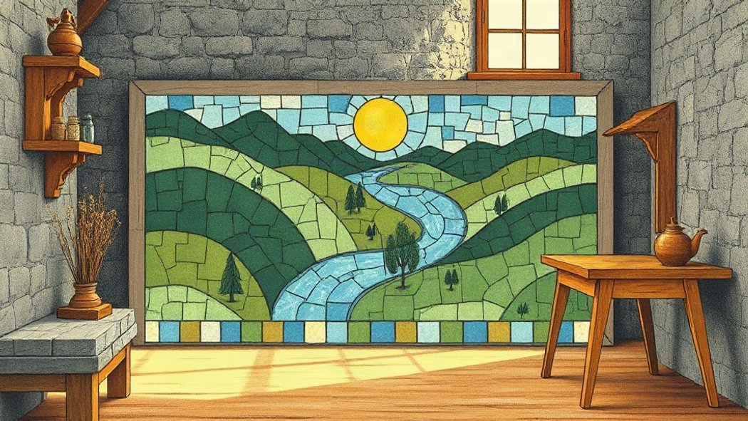 An old, colorful mosaic artwork depicting a river and hills, displayed on a grey stone wall in a sunlit workshop with a brown