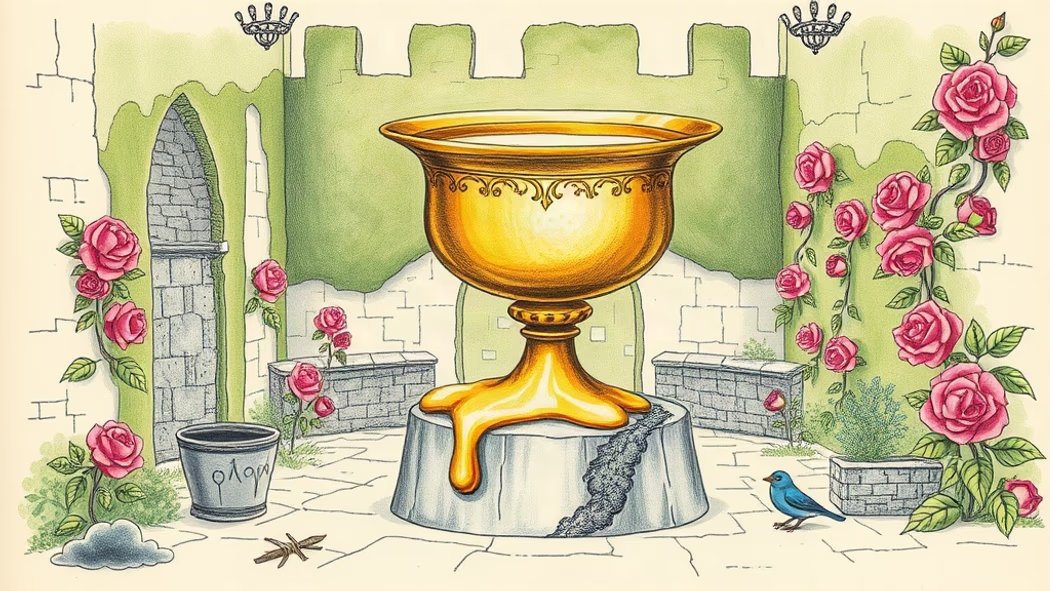 An ornate golden chalice overflowing with shimmering liquid, surrounded by a tiny dark storm cloud, a withered brown plant, a