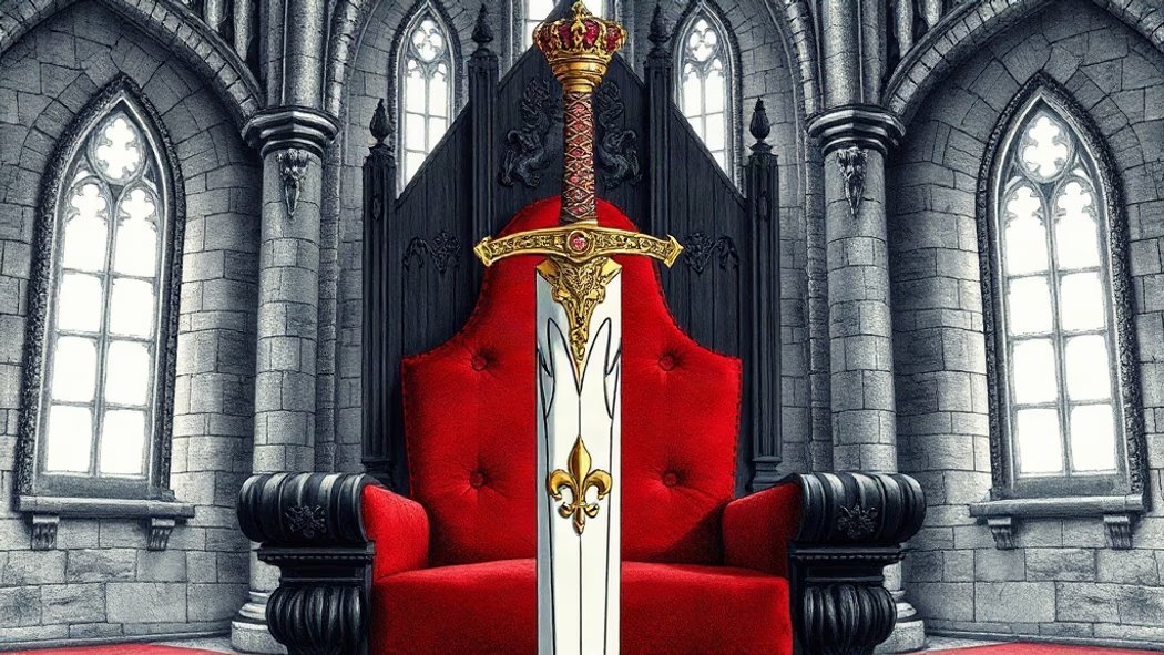 An ornate golden royal sword with a ruby-encrusted hilt and silver blade, resting on a crimson velvet cushion on a wooden thr