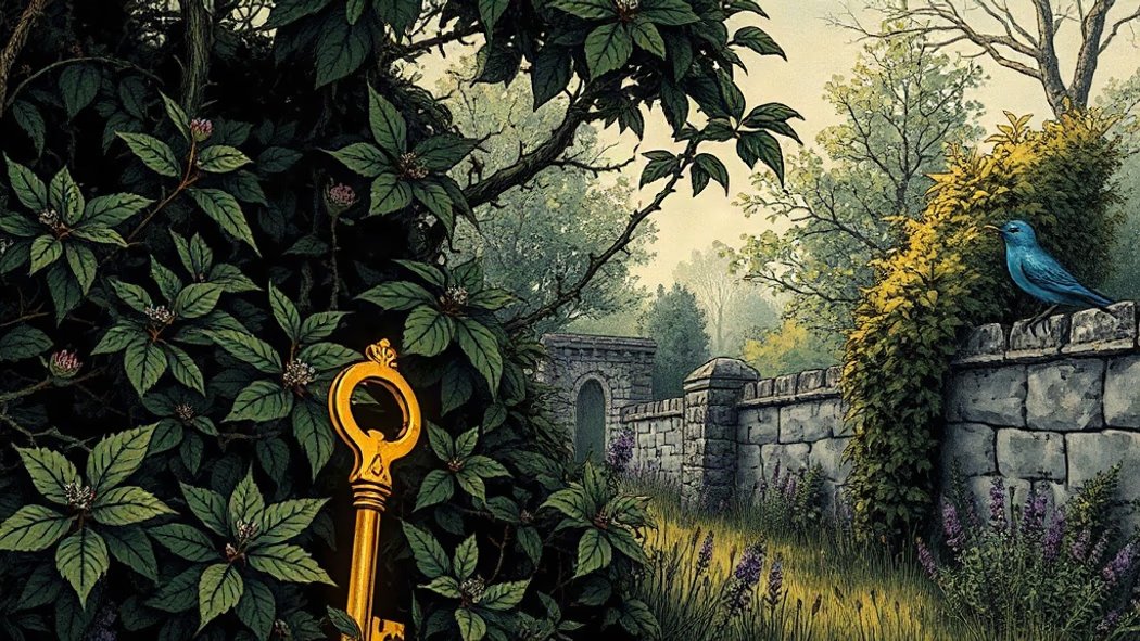 Illustration of a bright golden key entangled and mostly hidden by dense dark green thorny brambles in an overgrown stone gar