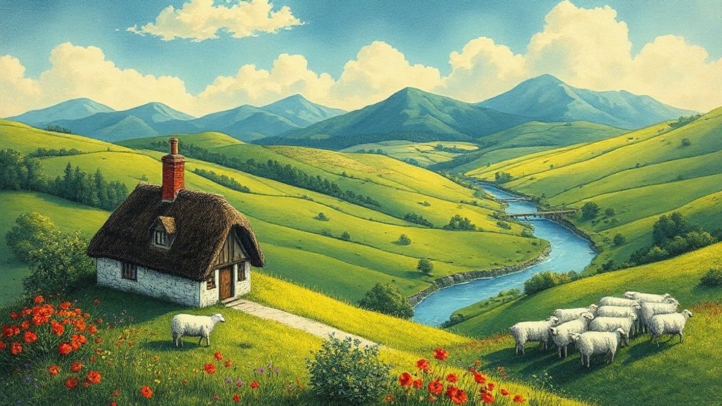 Illustration of a charming white cottage in lush green rolling hills with wildflowers, a silver river, and distant blue mount