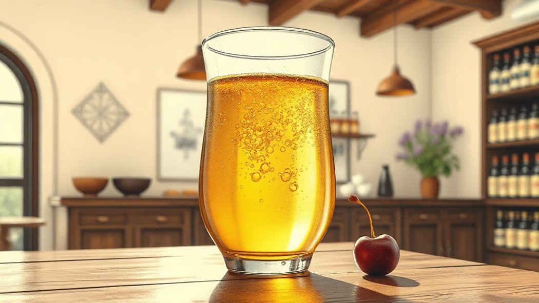 Illustration of a clear glass goblet filled with sparkling golden liquid and rising bubbles, with a red cherry on the rim, on