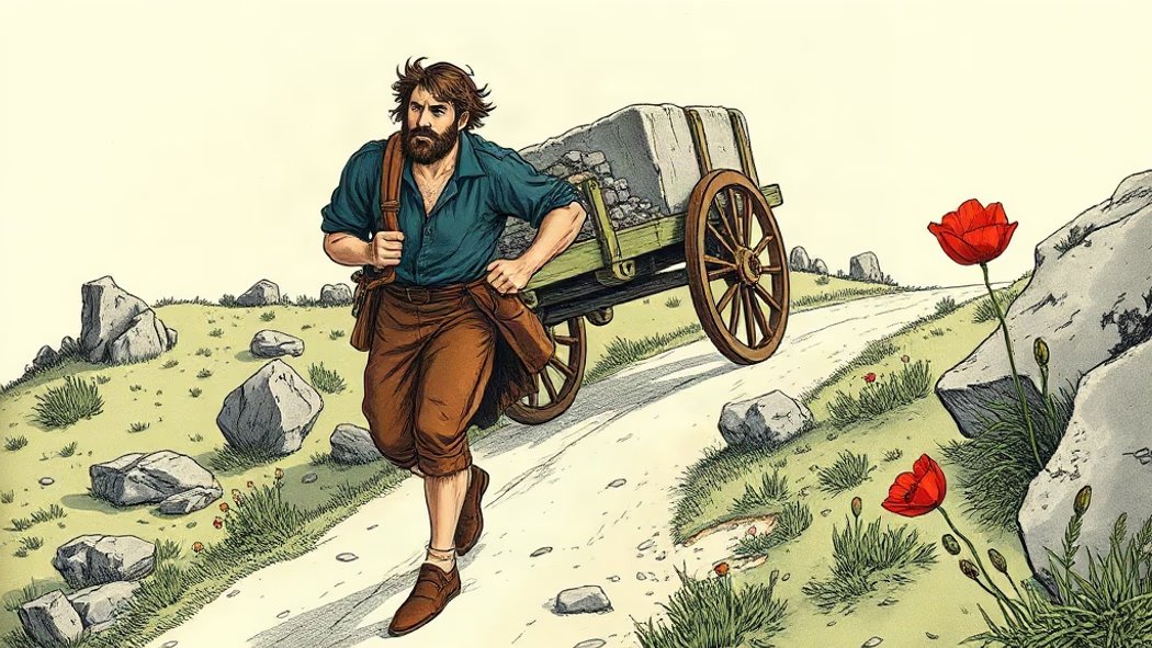 Illustration of a determined young man pulling a heavy stone cart up a steep dirt path on a rocky green hillside under a blue