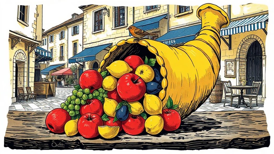 Illustration of a golden cornucopia overflowing with colorful fruits on a rustic wooden table in a sunlit village market squa