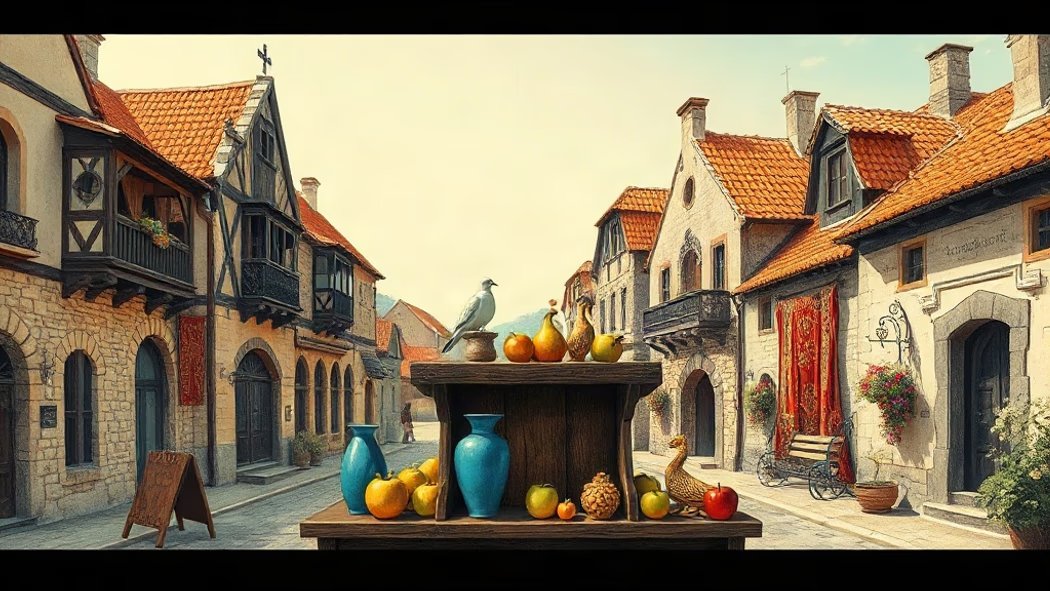 Illustration of a grand wooden display stand overflowing with colorful handcrafted items: blue pottery, red tapestries, green