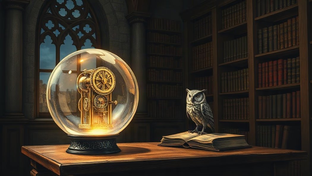 Illustration of a large, clear, glowing crystal orb with an intricate golden clockwork mechanism visible inside, on a dark wo