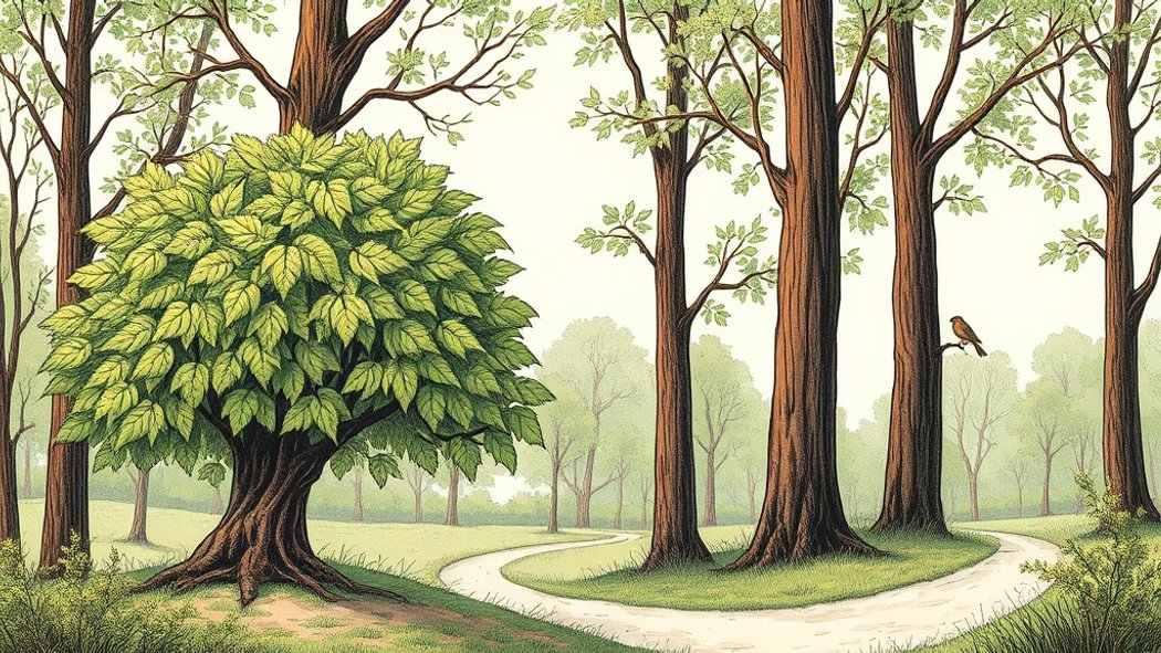 Illustration of a large cluster of vibrant green tree leaves gently swaying in a forest with dappled sunlight.