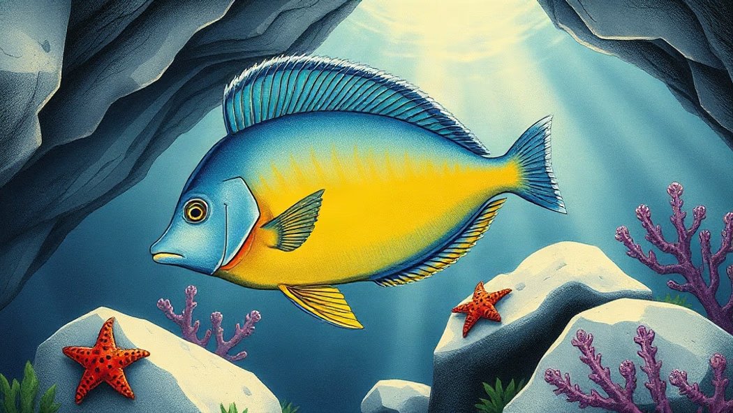 Illustration of a large, colorful blue and yellow tropical fish with translucent fins and visible bony rays, in a deep blue u