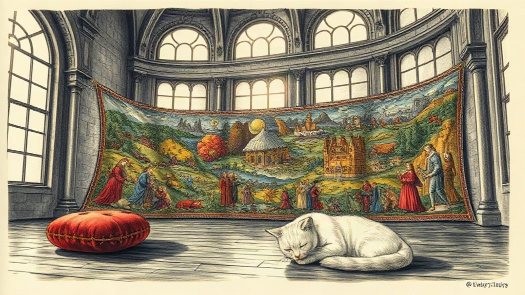 Illustration of a large, colorful, completed tapestry depicting a detailed narrative, with a final golden thread being woven 