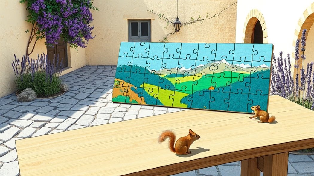 Illustration of a large, colorful completed wooden jigsaw puzzle on a light brown wooden table in a stone courtyard with lave