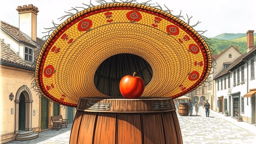 איור של סומבררו קש גדול וצבעוני עם דוגמאות רקומות על חבית עץ בשוק כפר אירופאי שטוף שמש.