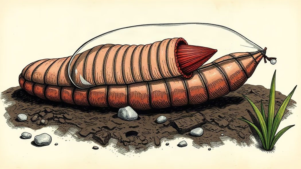 Illustration of a large, detailed metanephridium organ with coiled pale pink tubules and a dark red funnel, visible inside a