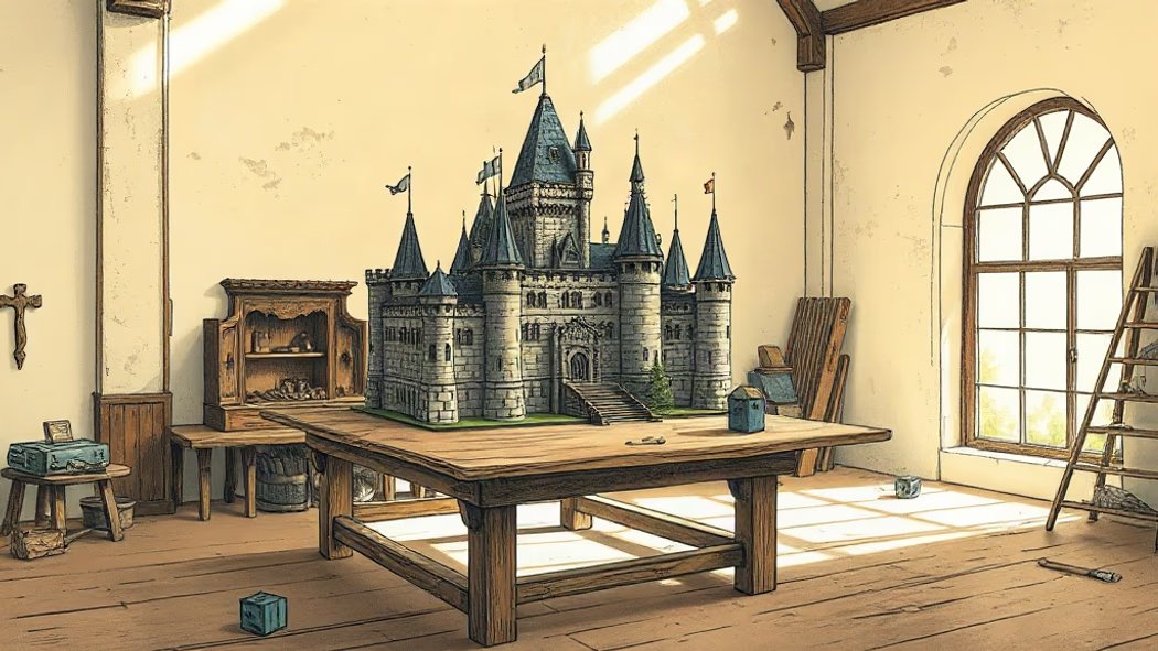 Illustration of a large, detailed miniature wooden model of a grey stone castle on a brown wooden table in a sunlit workshop.