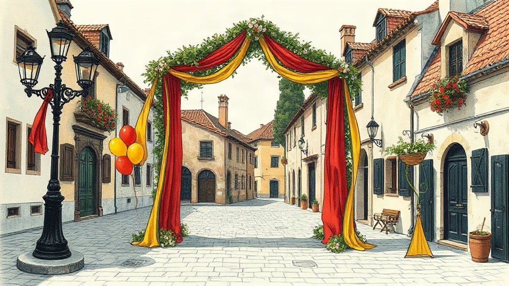 Illustration of a large festive archway decorated with red and yellow ribbons and green garlands in a bright village square w