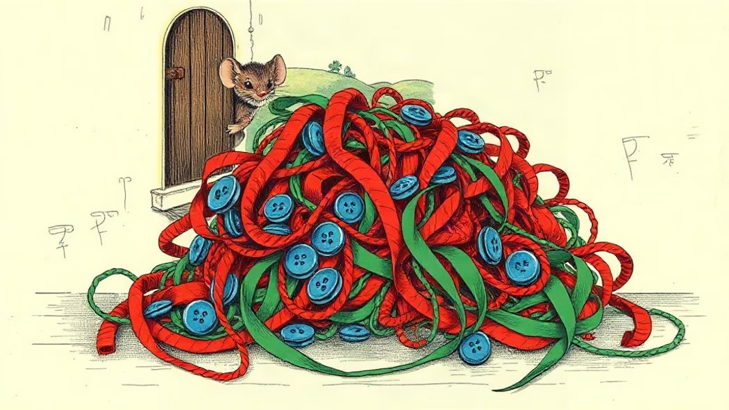 Illustration of a large, tangled pile of colorful yarn, buttons, and ribbons on a rustic wooden table in a cozy workshop, wit