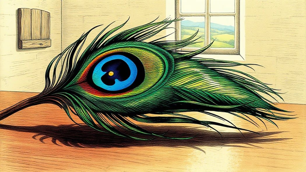 Illustration of a large, vibrant, iridescent peacock feather with blue-green colors on a polished dark wooden table in a sunl