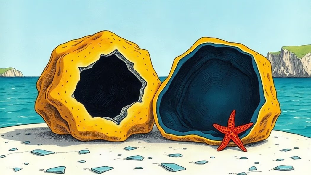 Illustration of a large yellow sea sponge cut open, revealing its spacious blue internal cavity, with a tiny red starfish, on