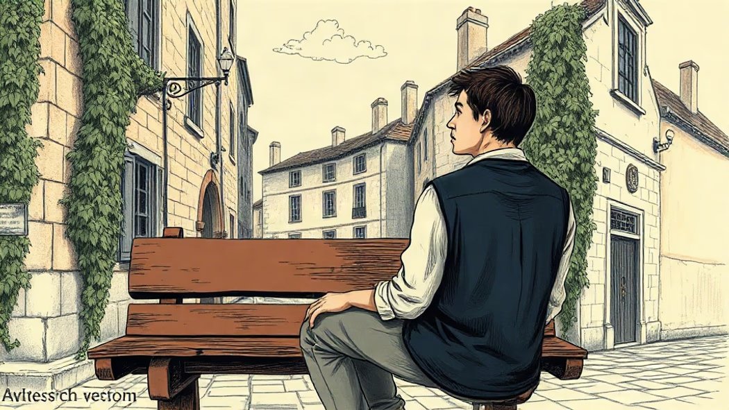 Illustration of a solitary man in a dark blue vest sitting quietly on a wooden bench in a cobblestone village square with ivy