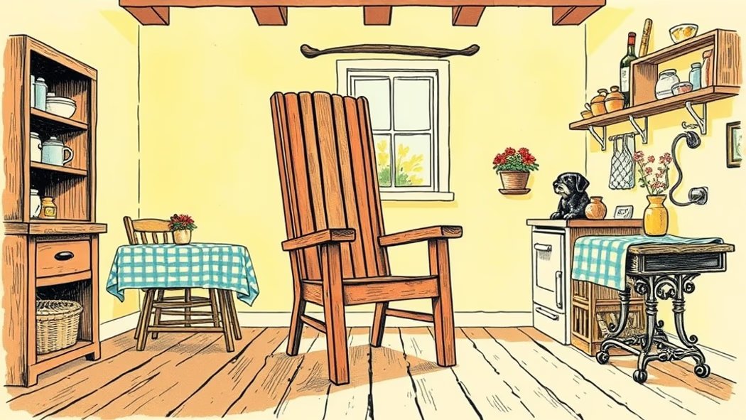 Illustration of a sturdy brown wooden chair in a cozy cottage kitchen with creamy yellow walls, a dark wooden floor, and a re