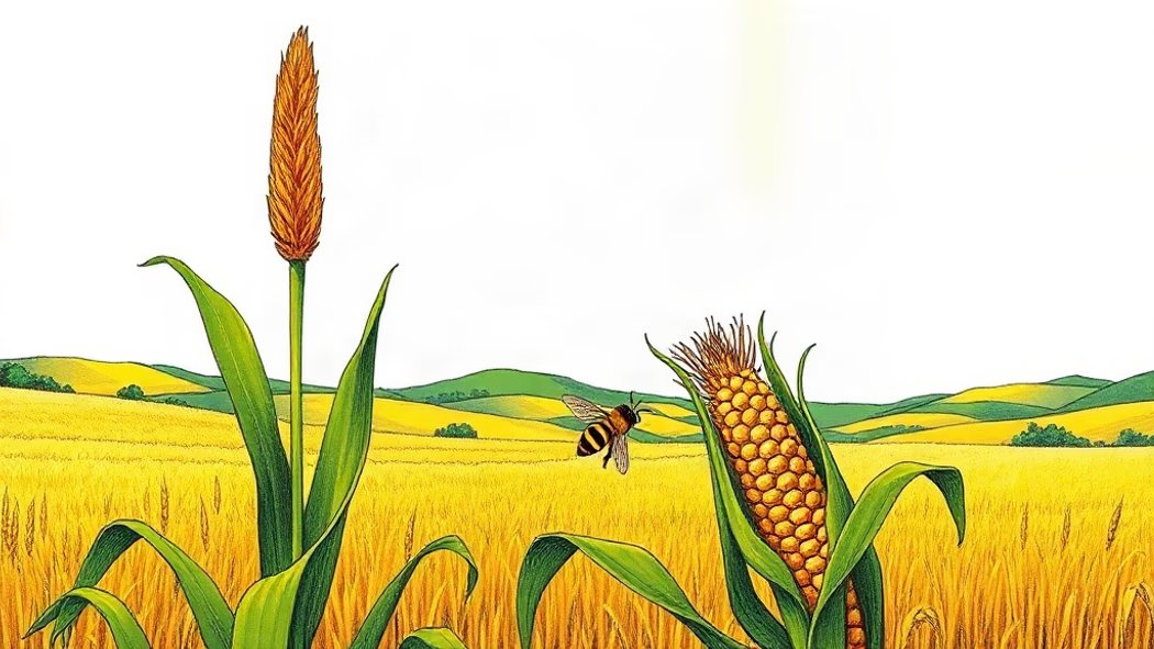 Illustration of a tall green corn plant with a golden yellow tassel at the top and a green ear of corn with light brown silk