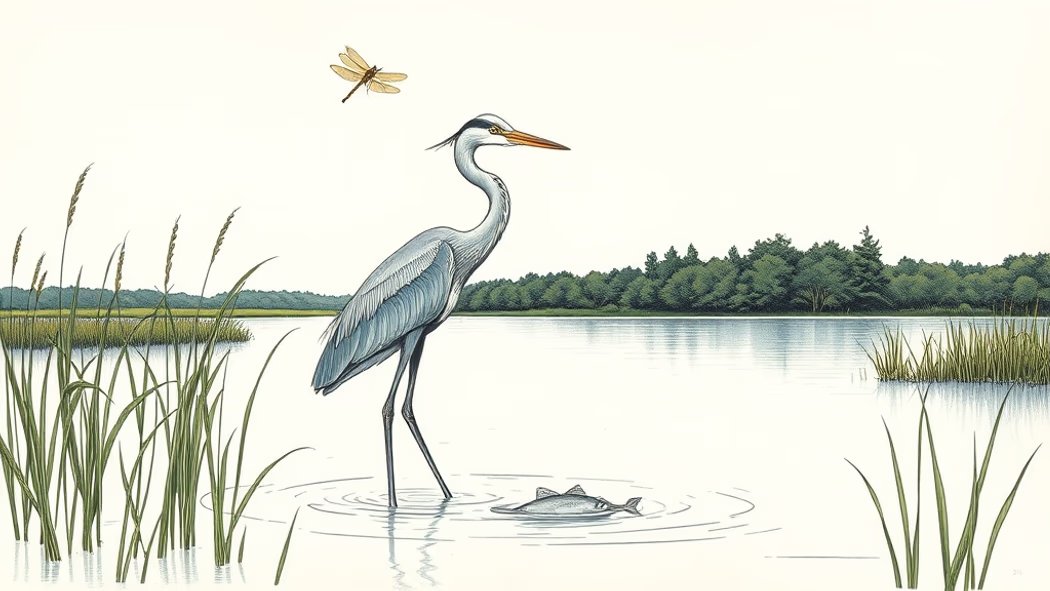 Illustration of a tall grey heron in shallow pale blue water, about to catch a small silver fish, in a peaceful marshland wit