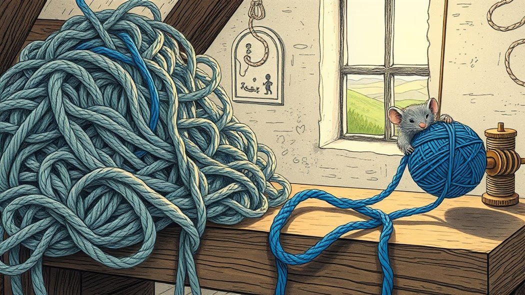 Illustration of a tangled multi-colored yarn with a clear, straight blue strand unraveling into a coiled ball on a rustic woo