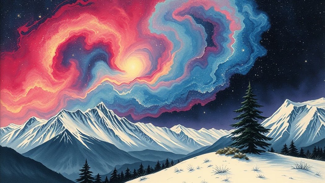 Illustration of a vast, swirling, multi-colored nebula in a dark night sky above snow-covered mountains with a silhouetted pi