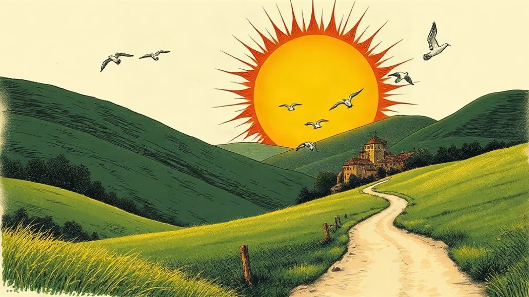 Illustration of a vibrant golden-orange sun rising with red rays over a deep green valley and rolling hills with a distant vi