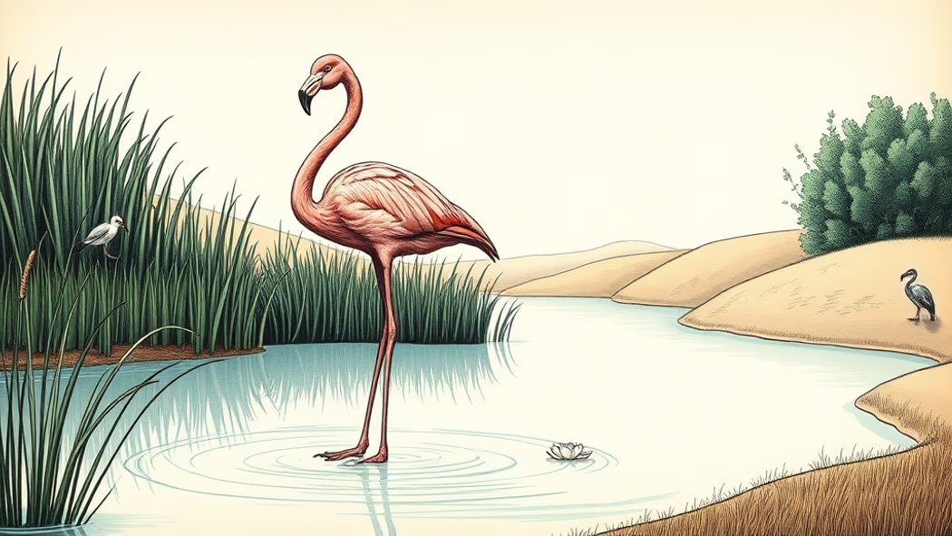 Illustration of a vibrant pink flamingo standing on one leg in a shallow blue-green pond with green reeds under a clear sky.