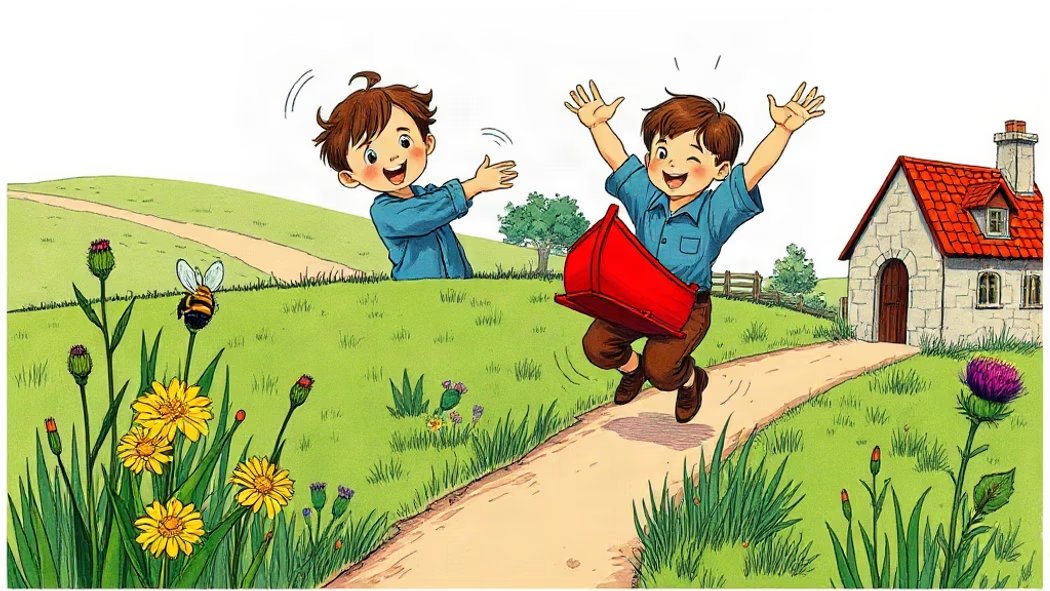 Illustration of a young boy in blue and brown clothes happily leaping with a red toy boat in a sunny green meadow towards a s