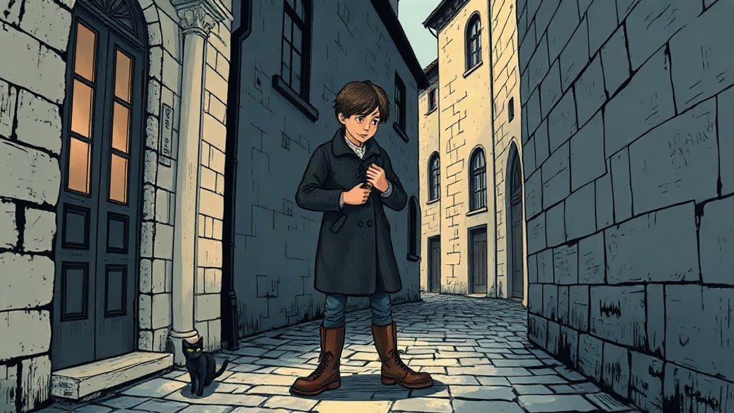 Illustration of a young man in a dark grey wool coat secretly slipping a golden coin into his pocket in a dim cobblestone all