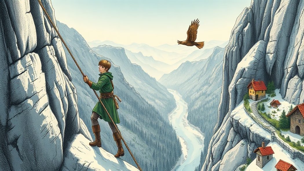 Illustration of a young man in a green tunic scaling a grey rocky mountain cliff with a rope, above a green forest valley wit