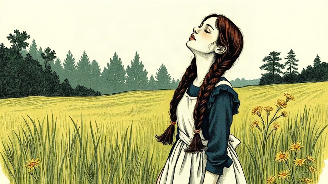 Illustration of a young woman in a dark blue dress and cream apron, with dark braided hair and tears streaming down her face,