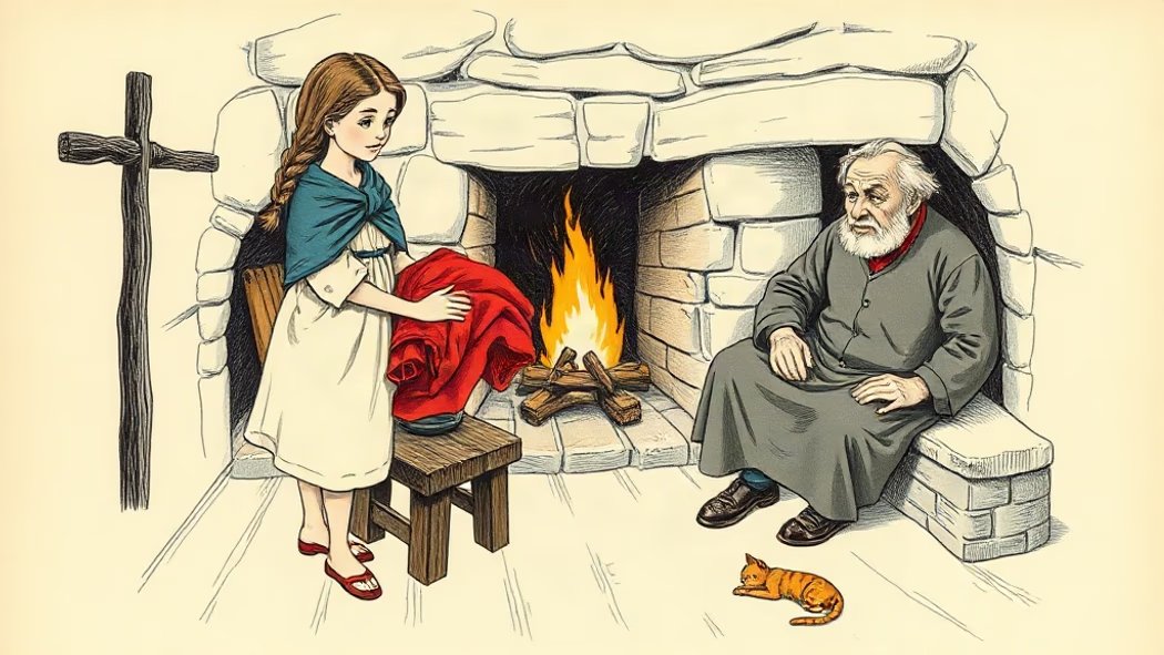 איור של אישה צעירה מגישה שמיכה אדומה לגבר מבוגר בבקתת אבן כפרית עם אח.