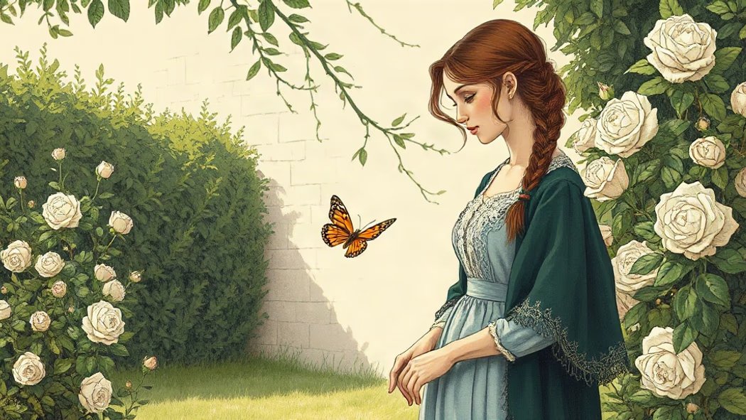Illustration of a young woman with braided hair in a pale blue dress and dark green shawl, standing shyly in a sunny garden w
