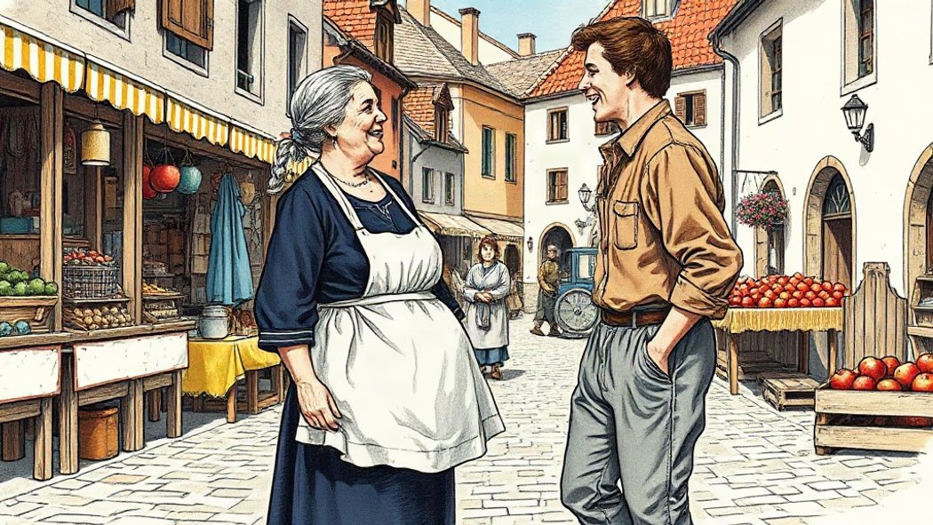 Illustration of an older woman and a younger man laughing in a bustling village market square with colorful stalls and stone