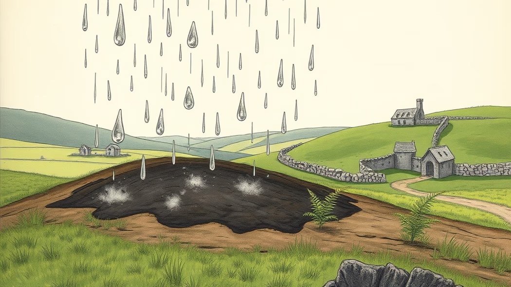 Illustration of clear raindrops falling onto dark brown dry earth, creating damp patches, in a green countryside under a grey