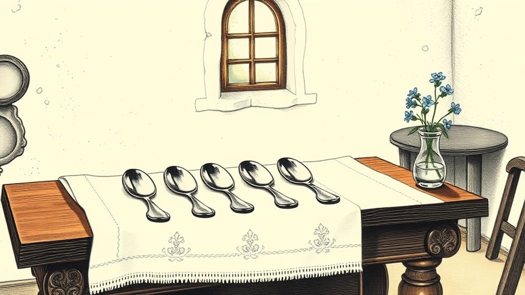 Illustration of five perfectly aligned, polished silver spoons on a white linen cloth on a dark wooden table in a cozy cottag