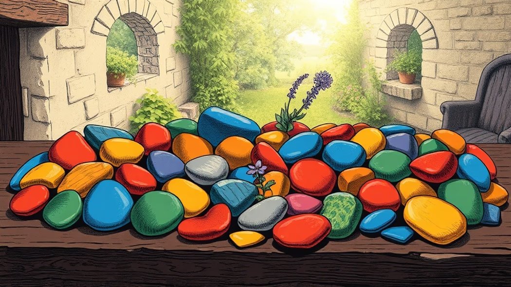 Illustration of various brightly colored, smooth pebbles in unique shapes scattered on a rustic wooden table in a sunlit cott